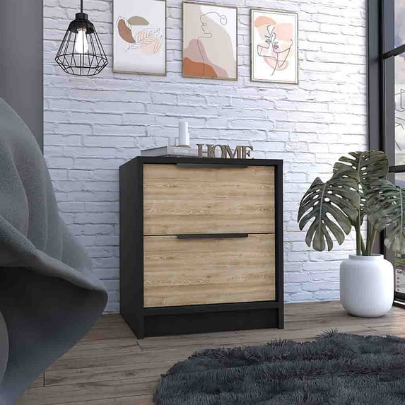 Nmkwnr Wood Nightstand with 2 Drawers and Handle, Wood Beside Table for Home, Bedroom, Office, Black + Brown