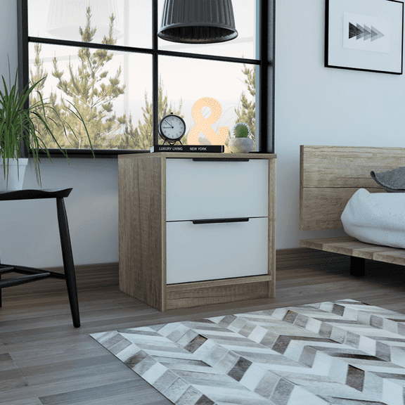 Nmkwnr Wood Nightstand with 2 Drawers and Handle, Wood Beside Table for Home, Bedroom, Office, White + Light Brown