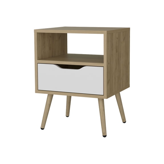 Nmkwnr Wood Nightstand with Open Shelf and Drawer, Beside Table for Living Room, Bedroom, Brown + White