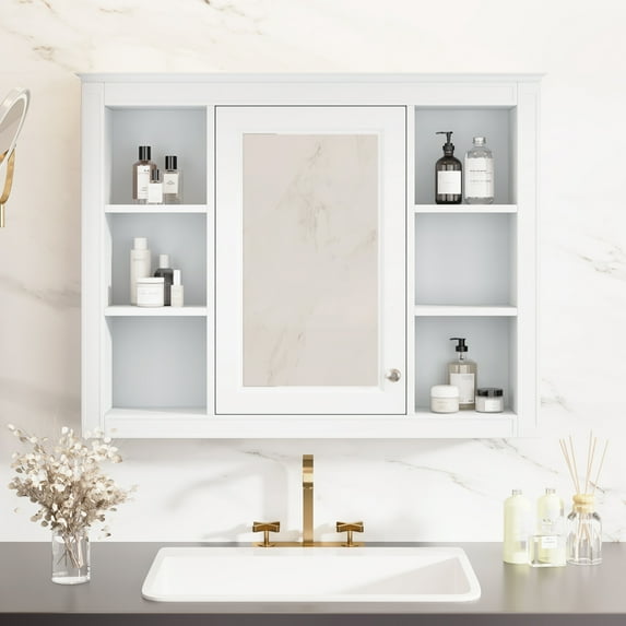 Nmkwnr Wood Single Door Bathroom Wall Cabinet with Mirror and 6 Open Shelves, Wall Mounted Storage Cabinet for Living Room, Bathroom, White