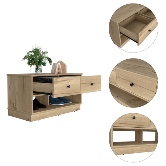 Nmkwnr Wood Storage Bench with 2 Drawer and 2 Open Shelves, Light Brown