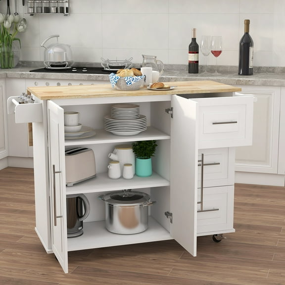 Nmkwnr Wood Tabletop Kitchen Cart with Rack and Drawers, Kitchen Island with Wheels and Cabinet, White