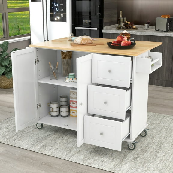 Nmkwnr Wood Top Kitchen Island with Wheels and Towel Rack and Drawer, White