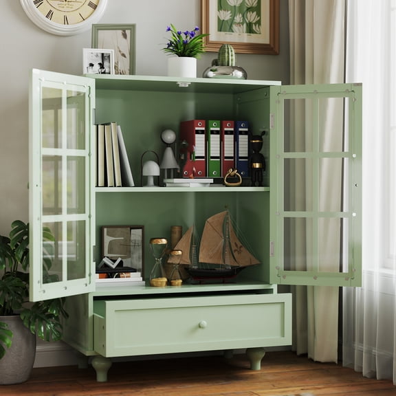 Nmkwnr Wooden Buffet Cabinet with 2 Glass Doors and Drawer, Sideboard Cupboard Storage Cabinet for Living Room, Dining Room, Hallway, Entryway, Mint Green