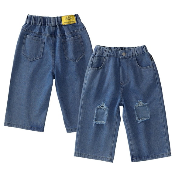 Nmmacb 1-8Y Kids Toddler Jeans Elastic Waist Denim Pants for Girls Straight Wide Leg Baggy Casual Loose Fit Ripped Trousers