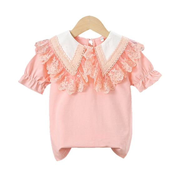 Nmmacb Kids Girls Shirt Solid Color Tee Short Sleeve Top Ruffle Princess Collar Blouse Gift Size 3-11Y