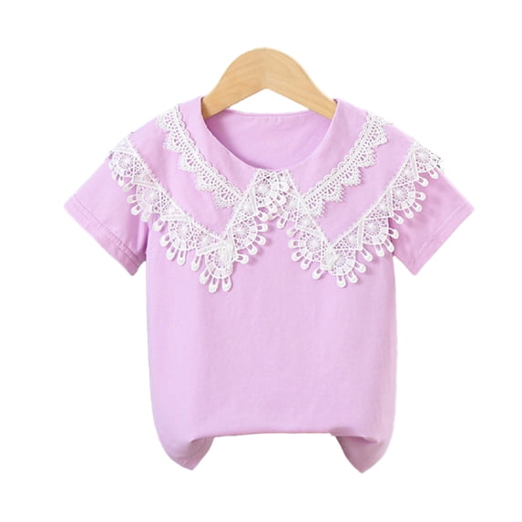 Nmmacb Kids Girls Shirt Solid Color Tee Short Sleeve Top Ruffle Princess Collar Blouse Gift Size 3-11Y