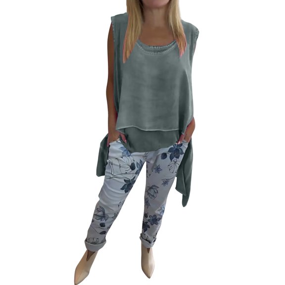 Nmmued Linen Sets for Women 2 Piece, Pants Sets Women 2 Piece Outfits, Asymmetrical Tops for Women, Stretchy Pants for Women, Gauze Sets for Women 2 Piece, Gray XXL