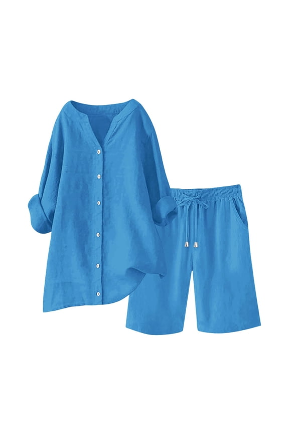 Lounge Sets for Women, Linen Sets for Women 2 Piece, Womens Short Sets, Loungewear, Gauze Sets for Women 2 Piece, Blue XXL