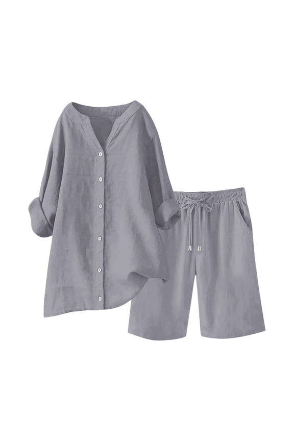 Lounge Sets for Women, Linen Sets for Women 2 Piece, Womens Short Sets, Loungewear, Gauze Sets for Women 2 Piece, Gray XL