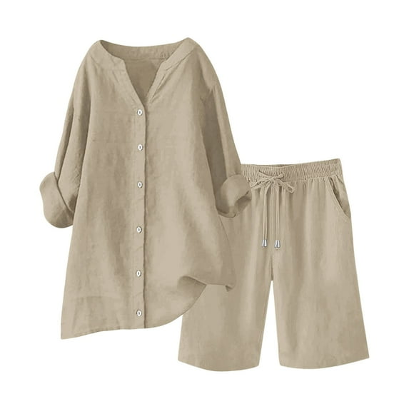 Nmmued Lounge Sets for Women, Linen Sets for Women 2 Piece, Womens Short Sets, Loungewear, Gauze Sets for Women 2 Piece, Khaki XL