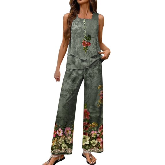 Nmmued Pants Sets Women 2 Piece Outfits, Summer Sets for Women, Loose Fitting Tank Tops for Women, Wide Leg Pants Woman, Travel Outfits for Women, Green XL