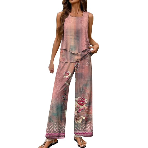 Nmmued Pants Sets Women 2 Piece Outfits, Summer Sets for Women, Loose Fitting Tank Tops for Women, Wide Leg Pants Woman, Travel Outfits for Women, Pink L
