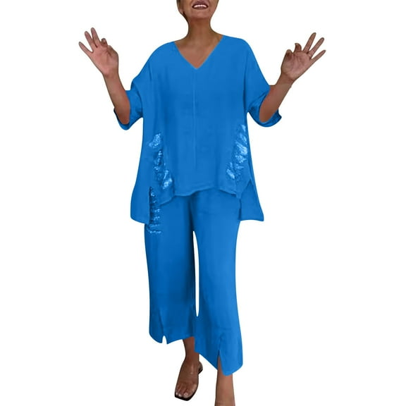 Nmmued Womens Lounge Set, Womens Linen Set, Womens T Shirts Loose Fit, Wide Leg Pants Woman, Linen Outfits Women 2 Piece, Blue L