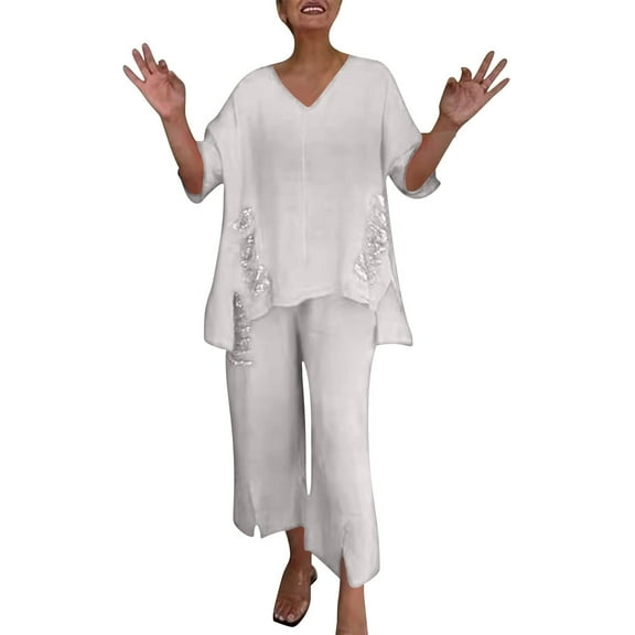 Nmmued Womens Lounge Set, Womens Linen Set, Womens T Shirts Loose Fit, Wide Leg Pants Woman, Linen Outfits Women 2 Piece, White S