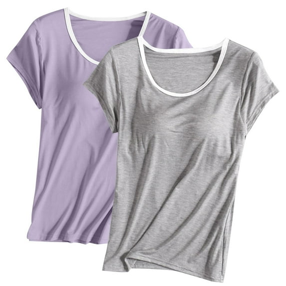 Nmnitkp 2PC Basic Tops for Woman Short Sleeve Pajamas Solid Color Round Tie Breast Pad Breathable and Comfortable Sleepwear With Built In Bra Home Wear Short Sleeve Plus Size Sleepwear