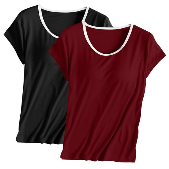 Nmnitkp 2PC Basic Tops for Woman Short Sleeve Pajamas Solid Color Round Tie Breast Pad Breathable and Comfortable Sleepwear With Built In Bra Home Wear Short Sleeve Plus Size Sleepwear