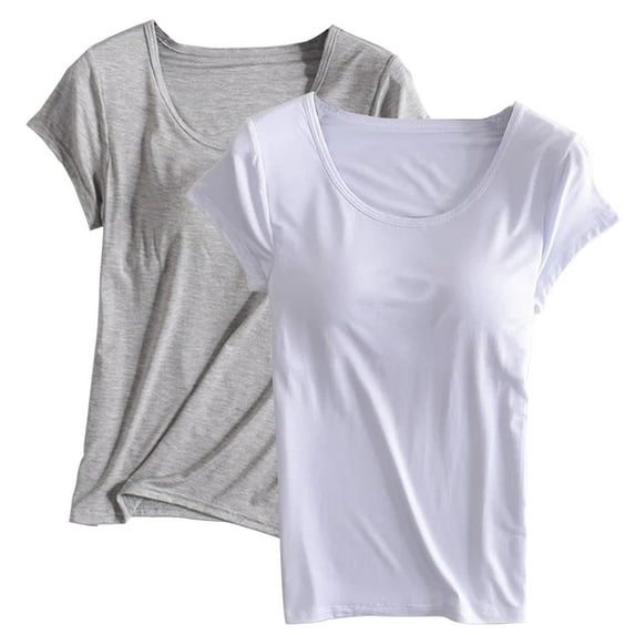 Nmnitkp 2PC Basic Tops for Woman Short Sleeve Pajamas Solid Color Round Tie Breast Pad Breathable and Comfortable Sleepwear With Built In Bra Home Wear Short Sleeve Plus Size Sleepwear