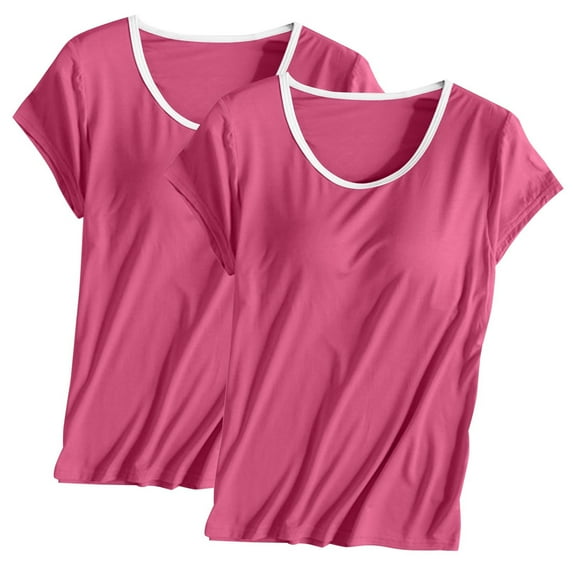Nmnitkp 2PC Basic Tops for Woman Short Sleeve Pajamas Solid Color Round Tie Breast Pad Breathable and Comfortable Sleepwear With Built In Bra Home Wear Short Sleeve Plus Size Sleepwear