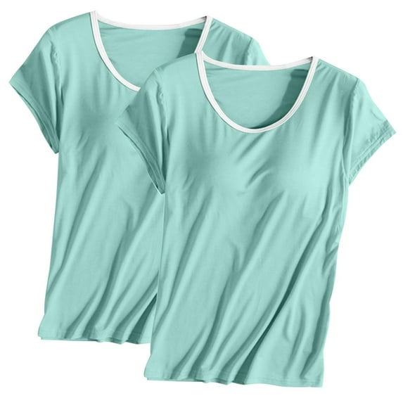 Nmnitkp 2PC Basic Tops for Woman Short Sleeve Pajamas Solid Color Round Tie Breast Pad Breathable and Comfortable Sleepwear With Built In Bra Home Wear Short Sleeve Plus Size Sleepwear