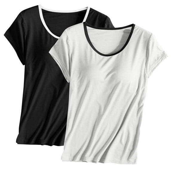 Nmnitkp 2PC Basic Tops for Woman Short Sleeve Pajamas Solid Color Round Tie Breast Pad Breathable and Comfortable Sleepwear With Built In Bra Home Wear Short Sleeve Plus Size Sleepwear
