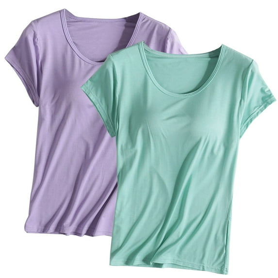 Nmnitkp 2PC Basic Tops for Woman Short Sleeve Pajamas Solid Color Round Tie Breast Pad Breathable and Comfortable Sleepwear With Built In Bra Home Wear Short Sleeve Plus Size Sleepwear