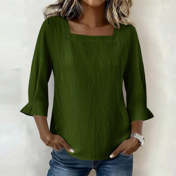 Nmnitkp 3/4 Sleeve T Shirts for Women Square Neck Blouse, Solid Color Flare Sleeve Casual Tunic, Loose Fit Spring Summer Top with Multiple Colors Green,2XL