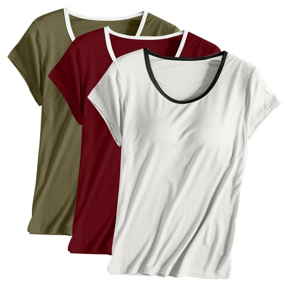 Nmnitkp 3PC Basic Tops for Woman Solid Color Breathable and Comfortable Round Neck with White Edge Breast Pad Short Pajamas with Sleepwear with Built In Bra Home Wear Short Sleeve Pajamas