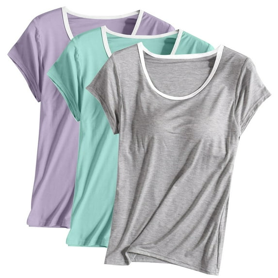 Nmnitkp 3PC Basic Tops for Woman Solid Color Breathable and Comfortable Round Neck with White Edge Breast Pad Short Pajamas with Sleepwear with Built In Bra Home Wear Short Sleeve Pajamas