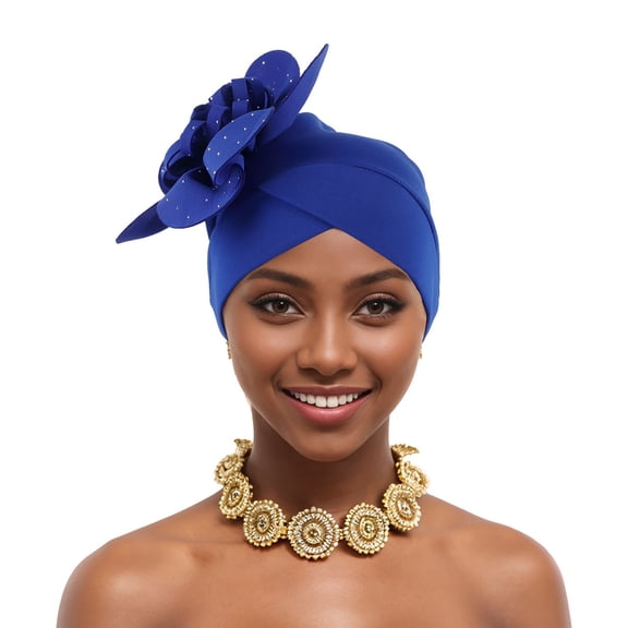 Nmnitkp African Women Turban Caps Pre-Tied Twisted Turbans Head Scarf for Women Hair Wraps Cover Beanie Cancer Chemo Headwear Blue
