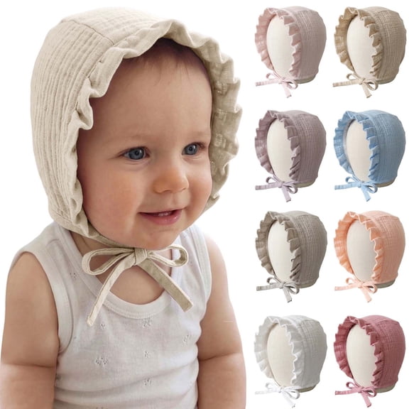 Nmnitkp Baby Muslin Bonnet Hat Ruffle Trim Toddler Sun Bonnet Soft Breathable Cotton Hat with Chin Strap for Baby Girls Outdoor Beach Daily Wear 0-3 Years
