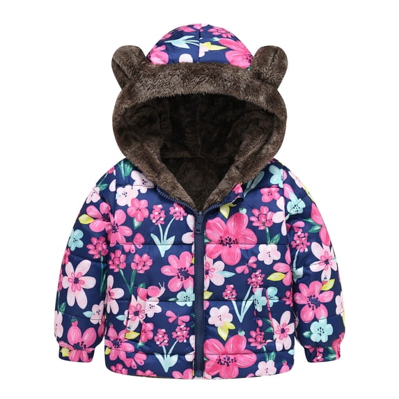 Nmnitkp Baby Winter Jacket Cute Cartoon Printed Cotton Liner Fleece Hoodie Coat & Toddler Baby Boys Girls Flower Print Plush Cute Winter Thick Casual Keep Warm Hooded Coat Jacket 1-5T