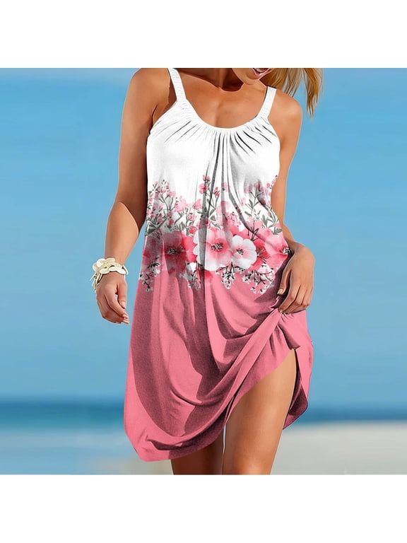 Beach Dresses for Women Hawaiian Floral Print Spaghetti Strap V Neck Mini Dress, Casual Summer Beach Cover Up for Luau Party, Vacation & Tropical Getaways Hot Pink,XL