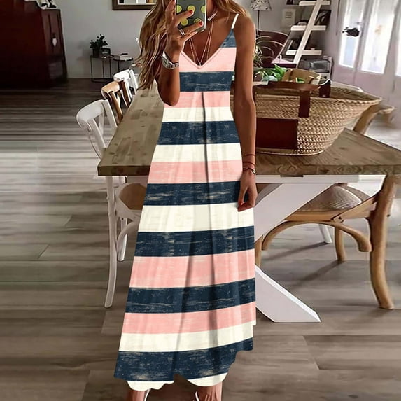 Nmnitkp Beach Dresses for Women Sleeveless V Neck Floral Print Boho Maxi Dress, Casual Loose Fit Summer Beach Vacation Dress with Adjustable Spaghetti Straps Fashion Dresses Multicolor,XL