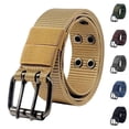 thumbnail image 1 of Nmnitkp Belt Men's Women's Double Prong Buckle Canvas Belt, Adjustable Multi-hole Breathable Nylon Woven Waist Belt for Jeans, Pants, Daily Wear & Outdoor Activities Khaki,Free Size, 1 of 7