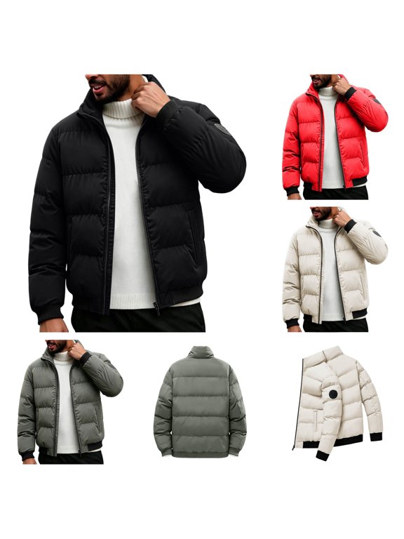 Big and Tall Men's Jacket Stand Collar Puffer Jacket Ribbed Cuffs Hem Patch Detail Warm Insulated Winter Coat Loose Fit Outerwear for Daily Commuting Street Casual Cold Weather Wear