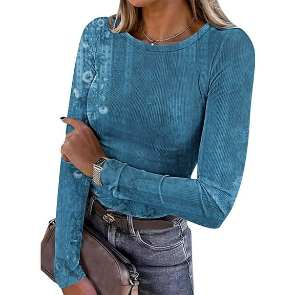 Nmnitkp Blouses for Women Dressy Casual Crewneck Rib Knit Slim Fit Shirts Basic Tee Tops 2025 Casual T-Shirt Going Out Workout Womens Tops Work Shirts Blue,2XL