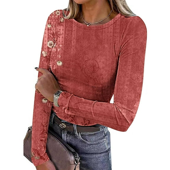 Nmnitkp Blouses for Women Dressy Casual Crewneck Rib Knit Slim Fit Shirts Basic Tee Tops 2025 Casual T-Shirt Going Out Workout Womens Tops Work Shirts Red,L