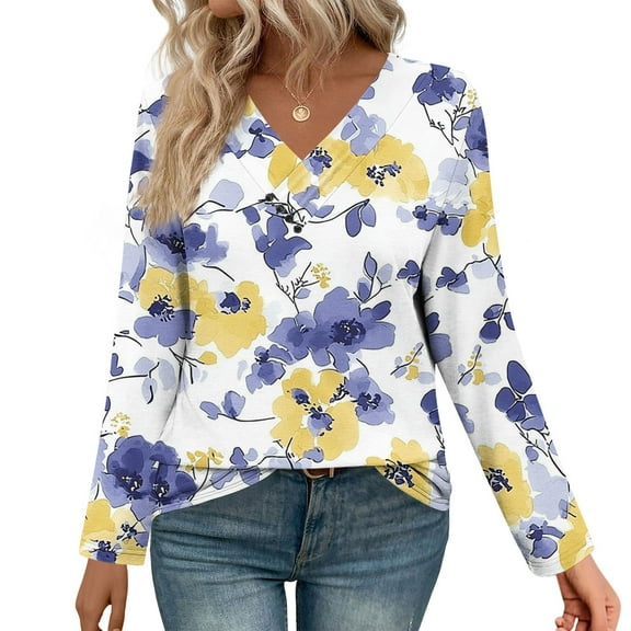 Nmnitkp Blouses for Women Dressy Casual Boho Floral Print V Neck Long Sleeve Drawstring Tops Loose Blouses Button Down Shirts Blue,L