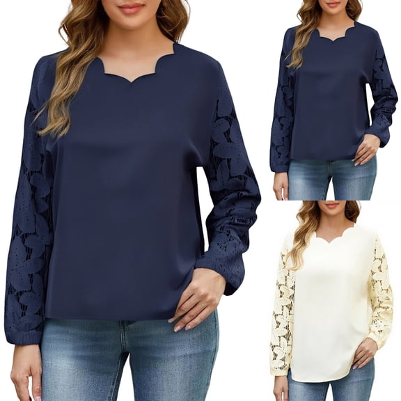 Nmnitkp Blouses for Women Dressy Casual Long Sleeve V Neck Chiffon Burnout Shirts Loose Business Work Top Fall Womens Tops Navy,L