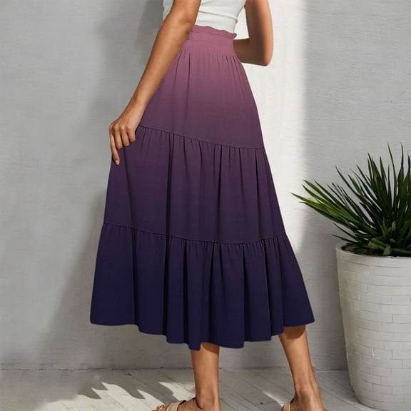 Nmnitkp Boho Maxi Skirt for Women Summer Floral Smocked High Waisted Skirts with Pockets Vacation A-Line Long Flowy Skirts Purple,L