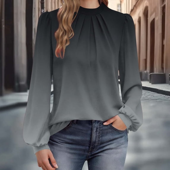 Nmnitkp Boho Tops For Women Fall Pleated Crew Neck Tunic Tops Loose Fit Dressy Casual Blouses Tshirts Black,M