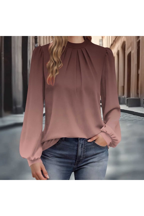 Boho Tops For Women Fall Pleated Crew Neck Tunic Tops Loose Fit Dressy Casual Blouses Tshirts Brown,S
