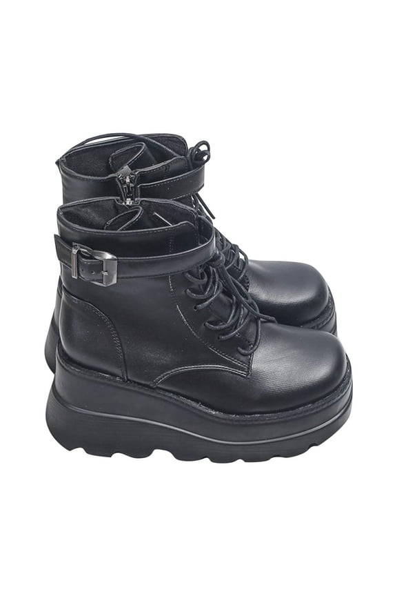 Boots for Women Advanced Design Platform Ankle Boots for Women Chunky High Heel Booties Goth Round Toe Combat Boots Women Lace Up Motorcycle Wedges