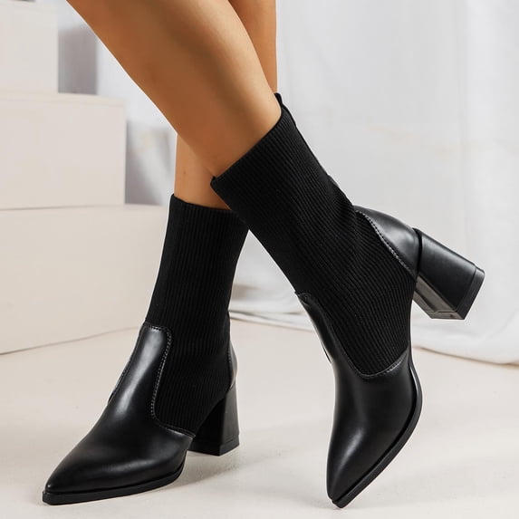 Nmnitkp Boots for Women Casual Stylish Thick Heel Pointed And Winter Style Suede Comfortable Height Paint Finish Increasing Waterproof Short Boots Black,39