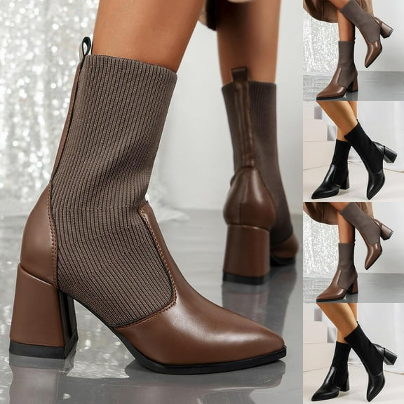 Nmnitkp Boots for Women Casual Stylish Thick Heel Pointed And Winter Style Suede Comfortable Height Paint Finish Increasing Waterproof Short Boots Brown,36