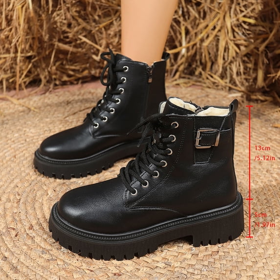 Nmnitkp Boots for Women - Fashion Casual Winter Warm Ankle Boots, Solid Color Round Toe with Side Zipper, Front Lace-Up & Chunky Low Heel Martin Boots Black,42