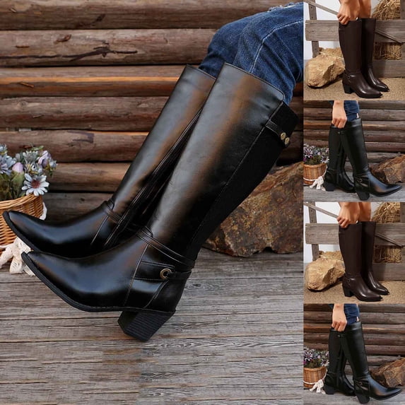 Nmnitkp Boots for Women - Fashionable Casual British Style Versatile, Leather Knee Length High Top Thick Soled Thick Heel Pointed Toe with Side Zipper Black,36