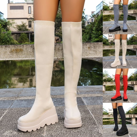 Nmnitkp Boots for Women - Fashionable Casual Winter Style, Over-The-Knee Mesh Elastic Stockings Boots with Round Toe & Thick Bottom Wedge Heel Beige,36