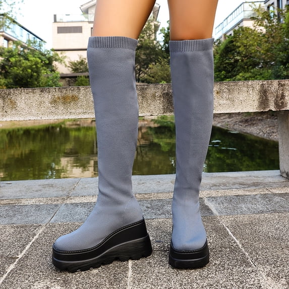Nmnitkp Boots for Women - Fashionable Casual Winter Style, Over-The-Knee Mesh Elastic Stockings Boots with Round Toe & Thick Bottom Wedge Heel Gray,43